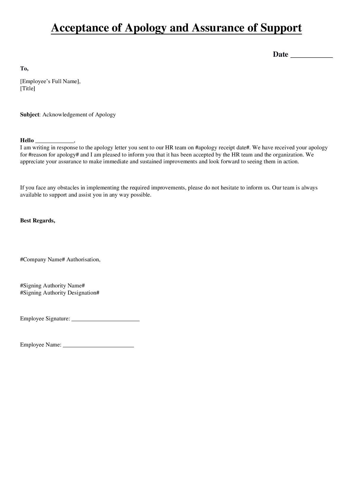 Acceptance of Apology and Assurance of Support
