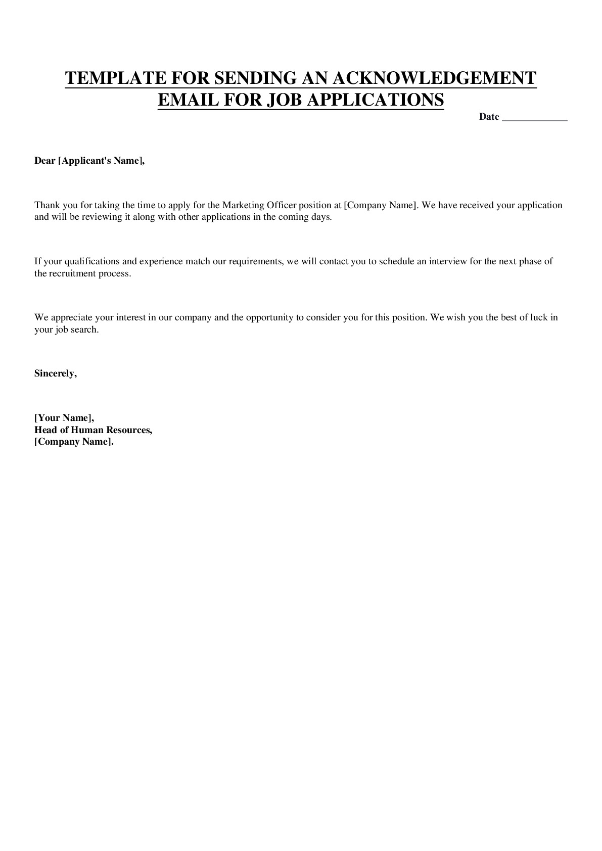 Acknowledgement Email For Job Applications