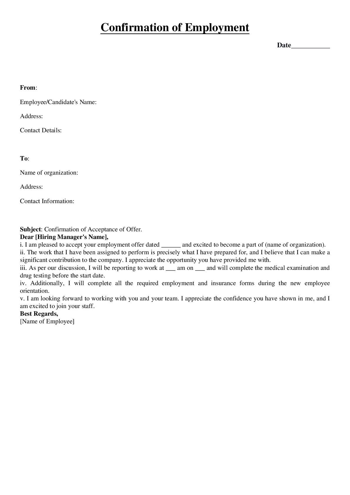 Confirmation of Employment