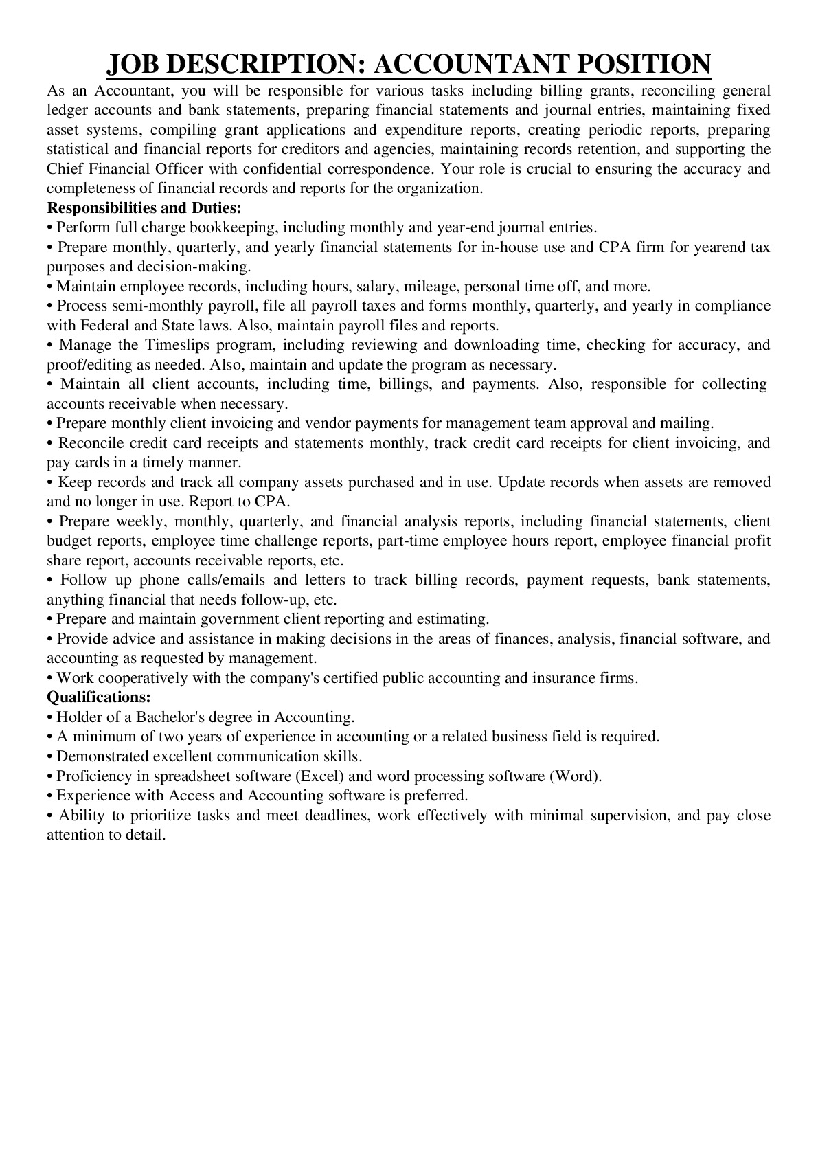 Job Description- Accountant Position
