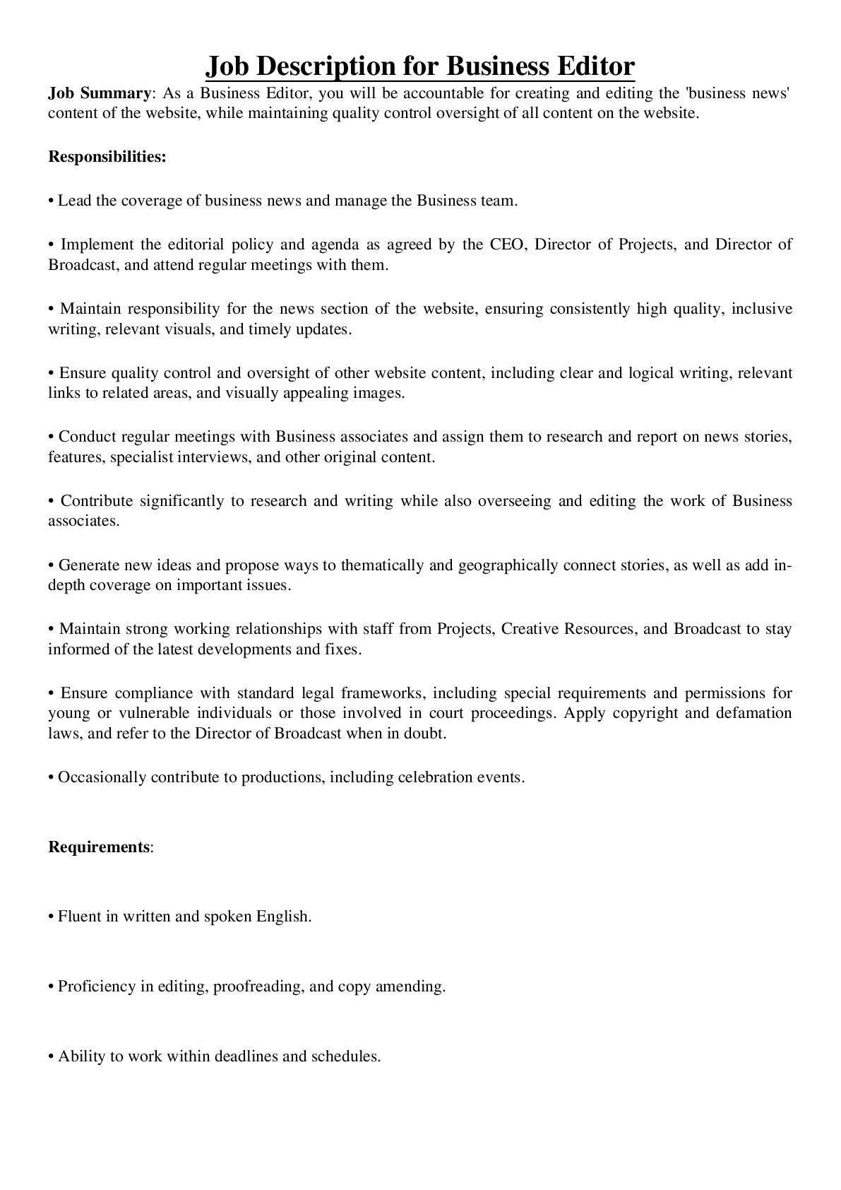 Job Description for Business Editor