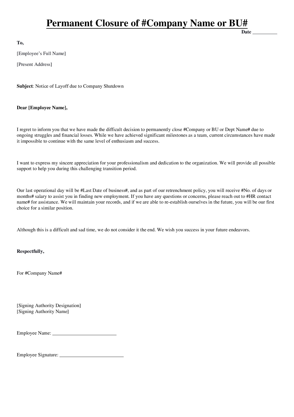 Permanent Closure of Company Name or Business Unit