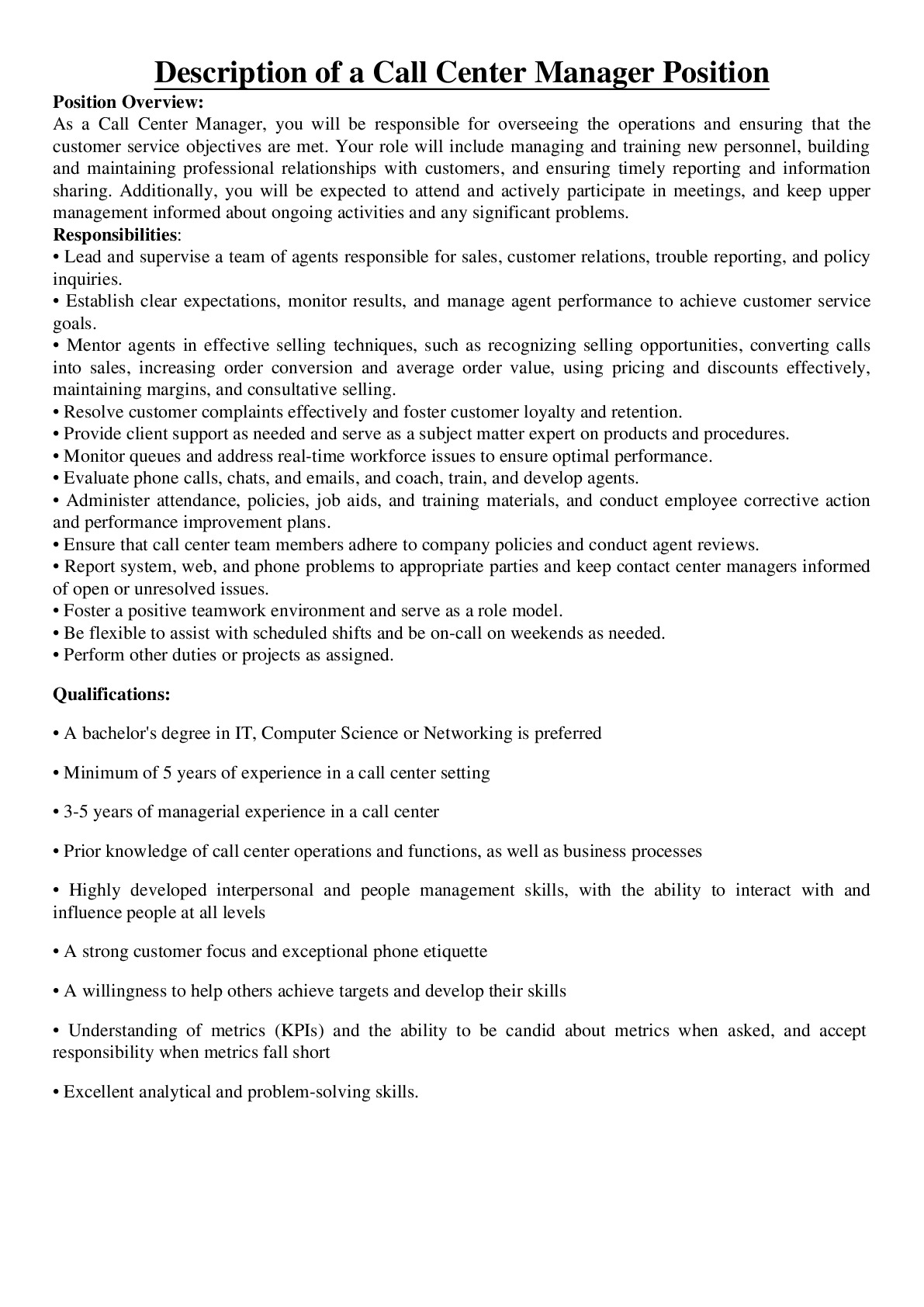 Description of a Call Center Manager