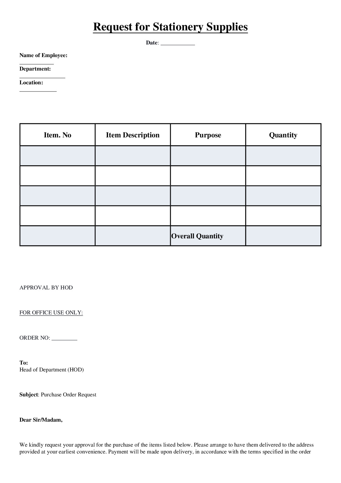 Request for Stationary Supplies