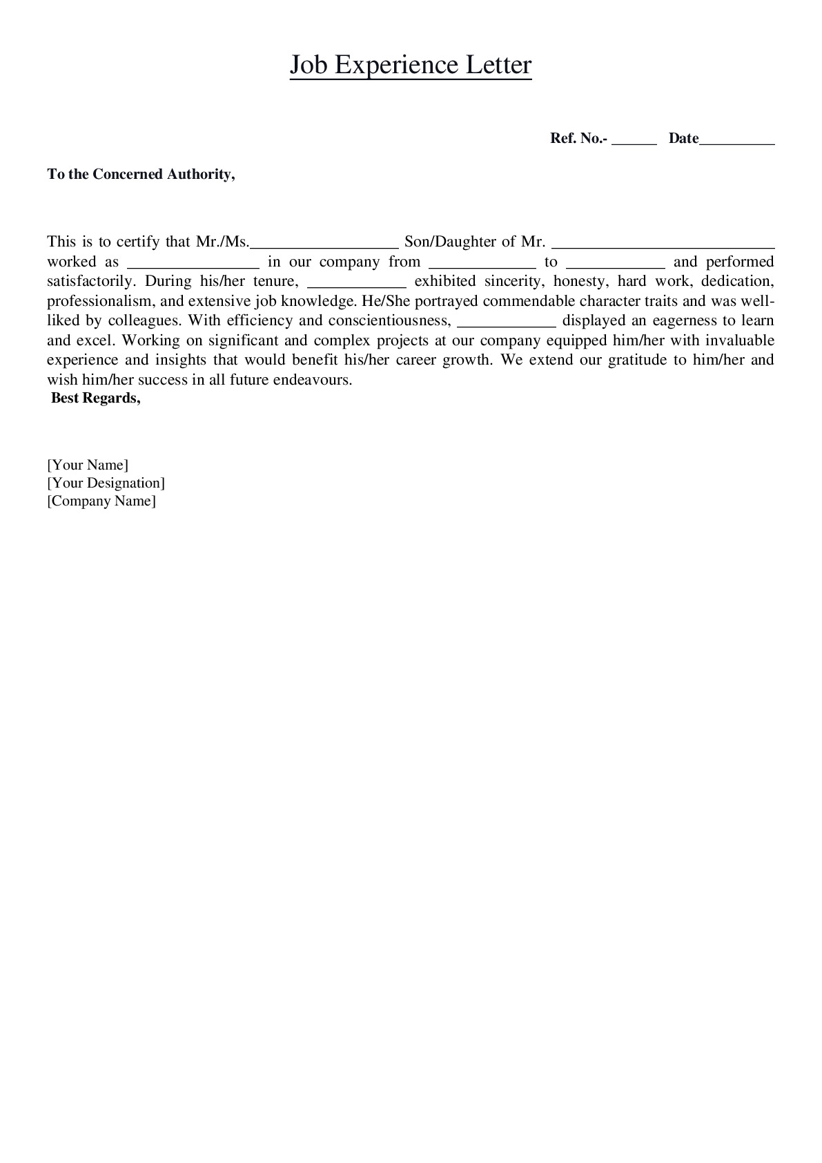 Job Experience Letter