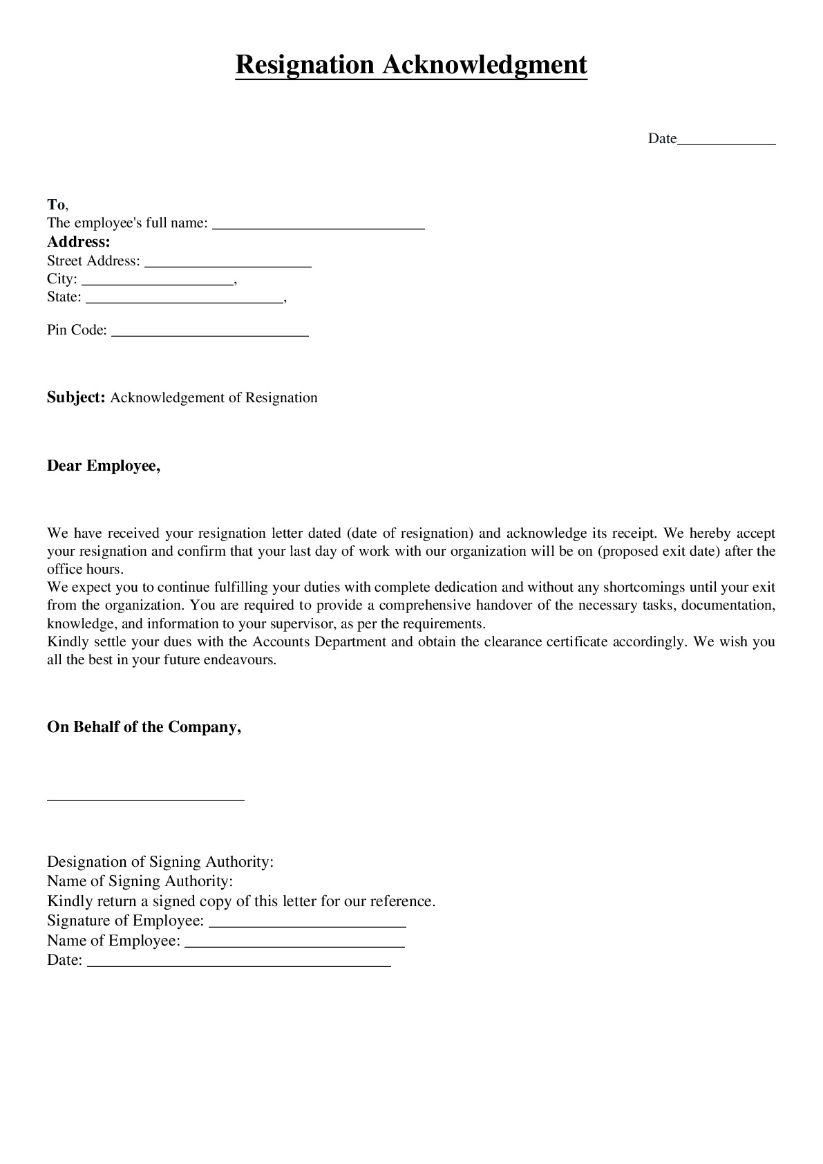 Resignation Acknowledgement