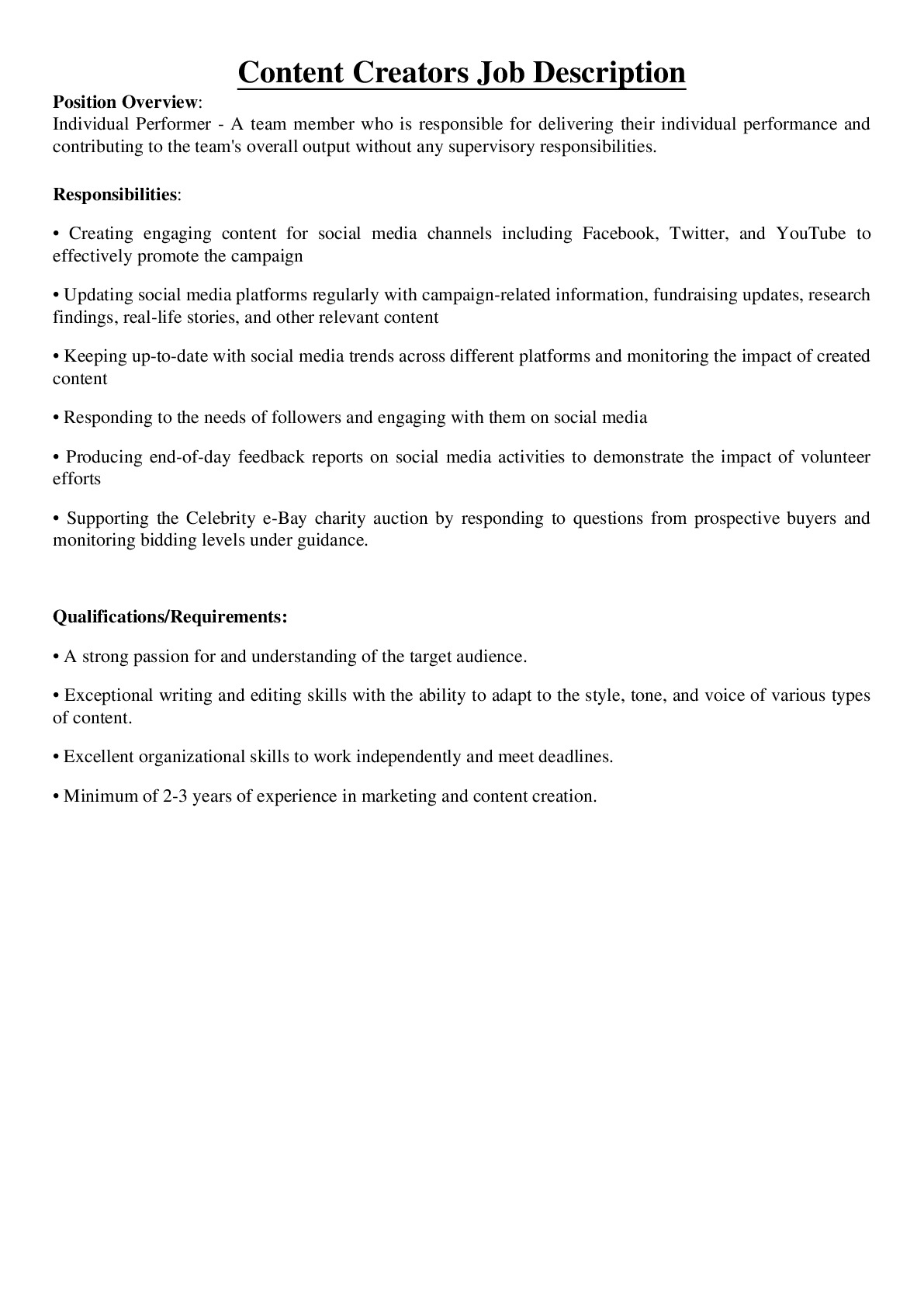 Content Creators Job Description