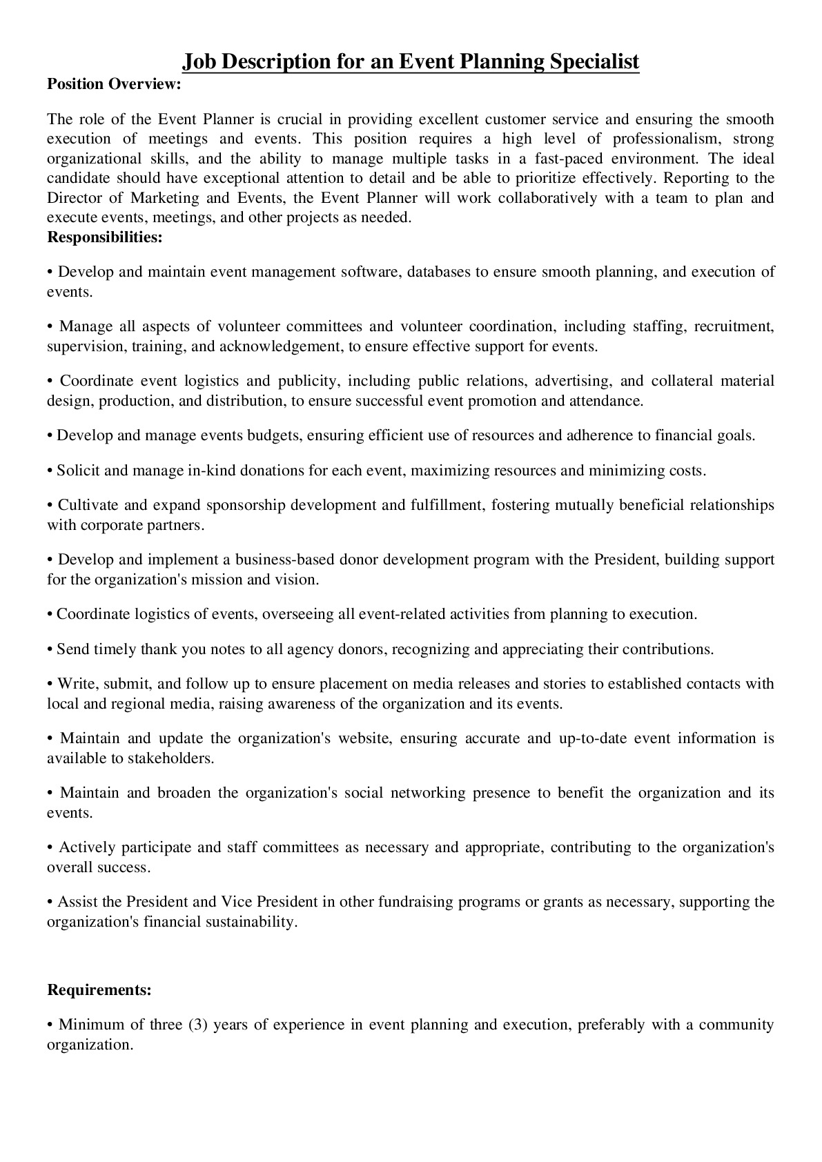 Job Description for an Event Planning Specialist