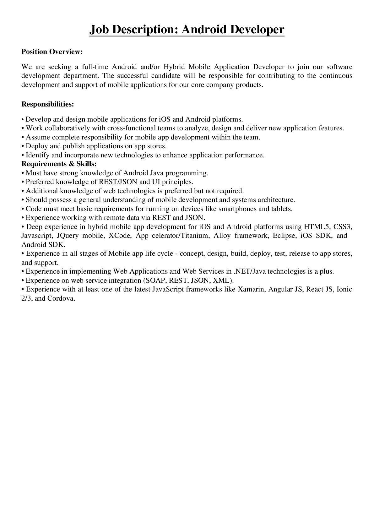 Job Description - Android Developer