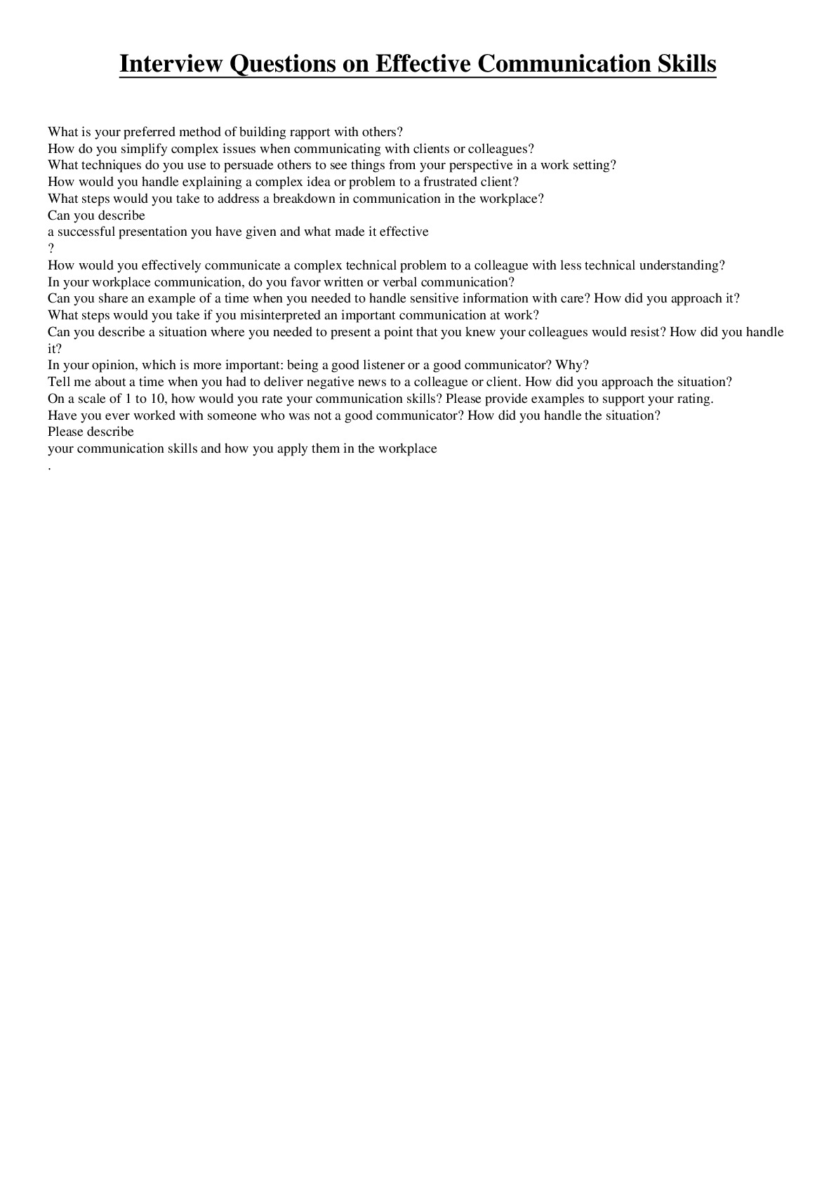 Mock Questions on Effective Communication Skills