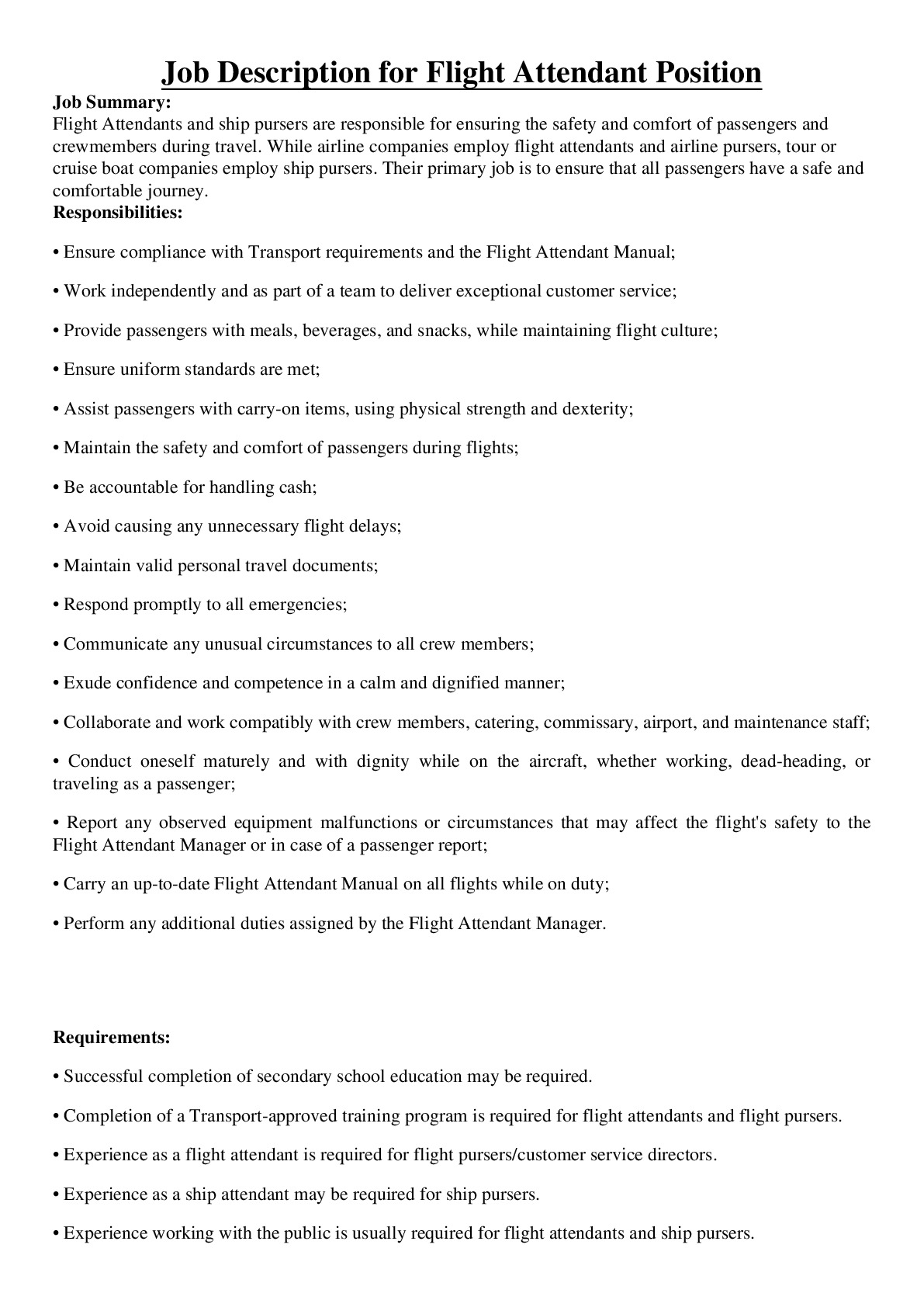 Job Description for Flight Attendant Position