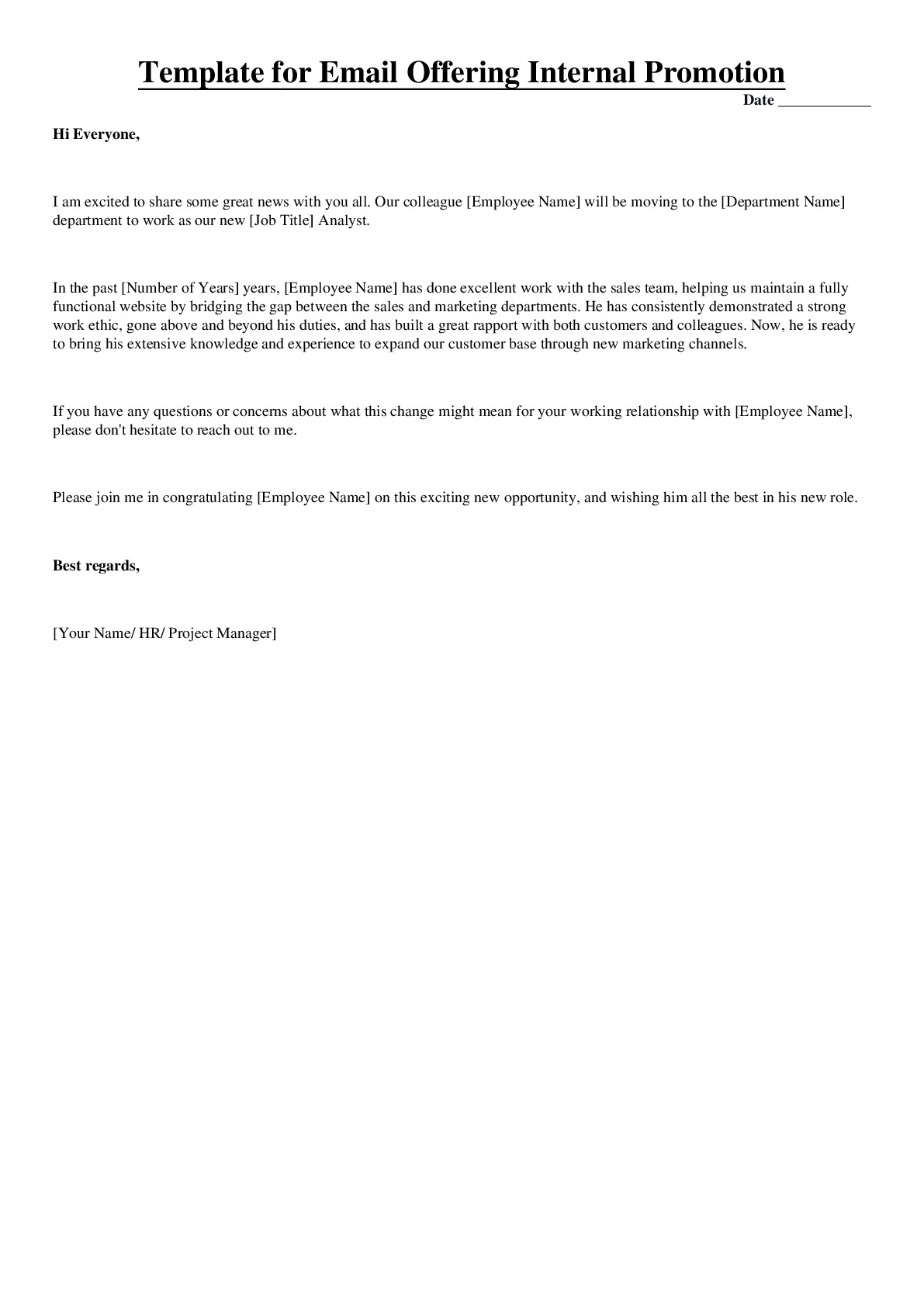 Email Template Offering Internal Promotion