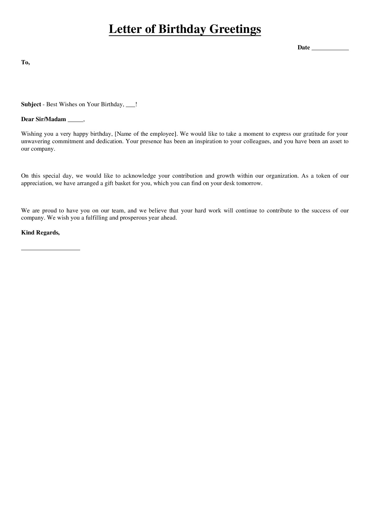 Letter of Birthday Greetings
