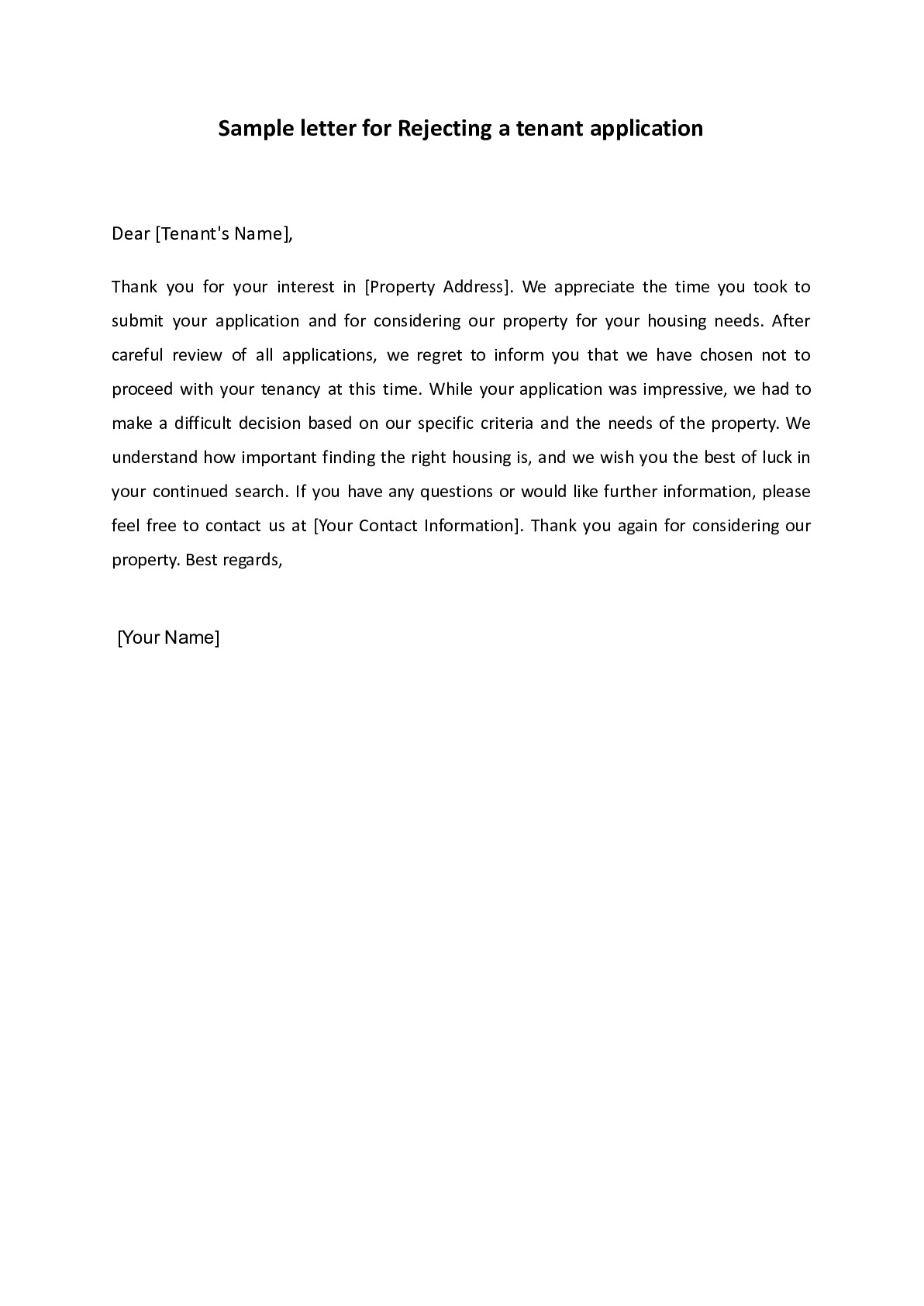 Rejecting Tenant Application Letter Sample from Docxify!