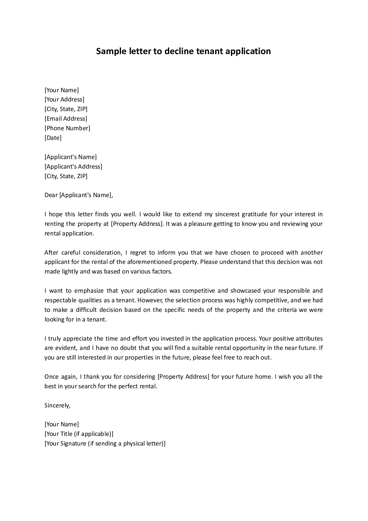 Tenant Application Decline Letter Sample Letter | Docxify