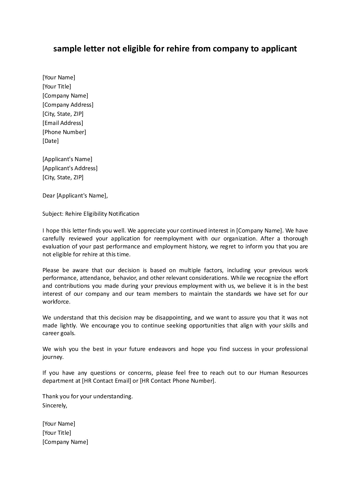 Not Eligible for Rehire Response Letter from Docxify!
